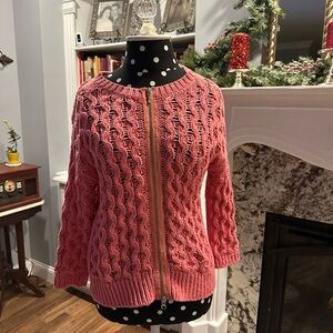 Peach Cable Knit Zip-Up Sweater